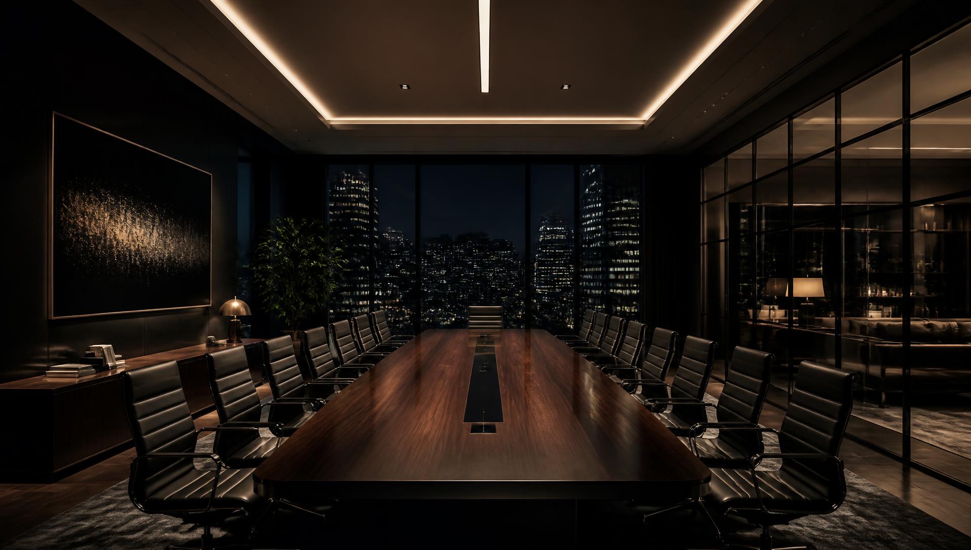 Dark modern corporate boardroom used for New Jersey cannabis licensing counsel meetings